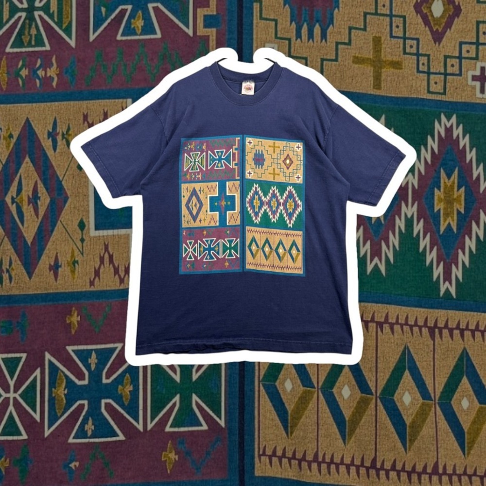 Vintage 90s Fruit of the Loom Supercotton Shirt Mens XL Southwest Aztec Navy Tee